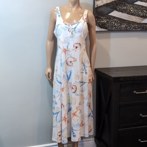 Chaps Sleeveless Beach Dress Midi A-Line Summer Vacation Resortwear Sea Shells - Picture 2 of 14